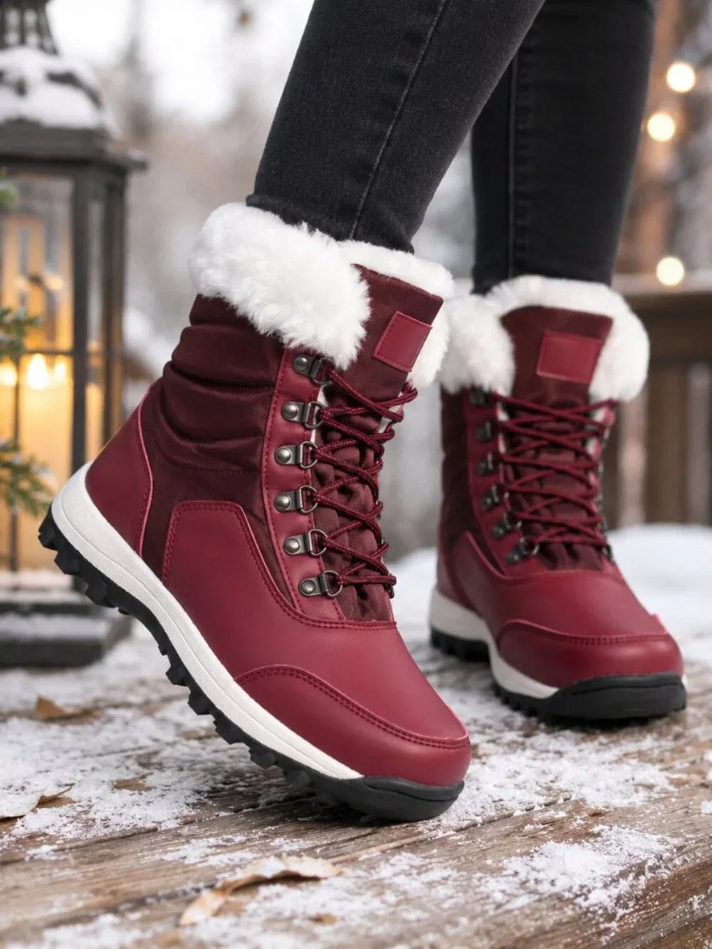 Women's Winter Snow Boots Burgundy Faux Fur Lined Lace Up Hiking Boots Size 9